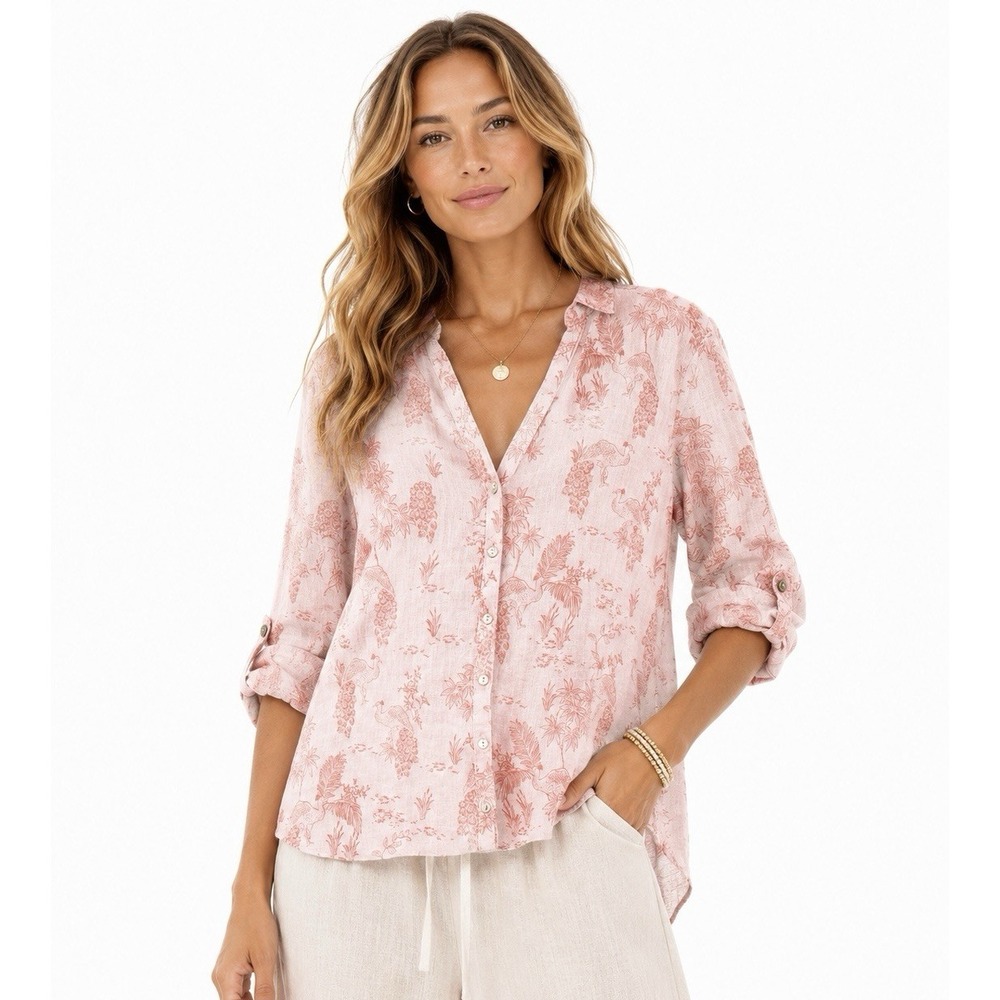 Cynthia Rowley 100% Linen Top Tunic XL Pink Flax Peacocks Boho Coastal Relaxed
